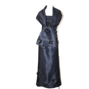 MARIETTA Navy Blue Silk Floral Evening Gown Size 14